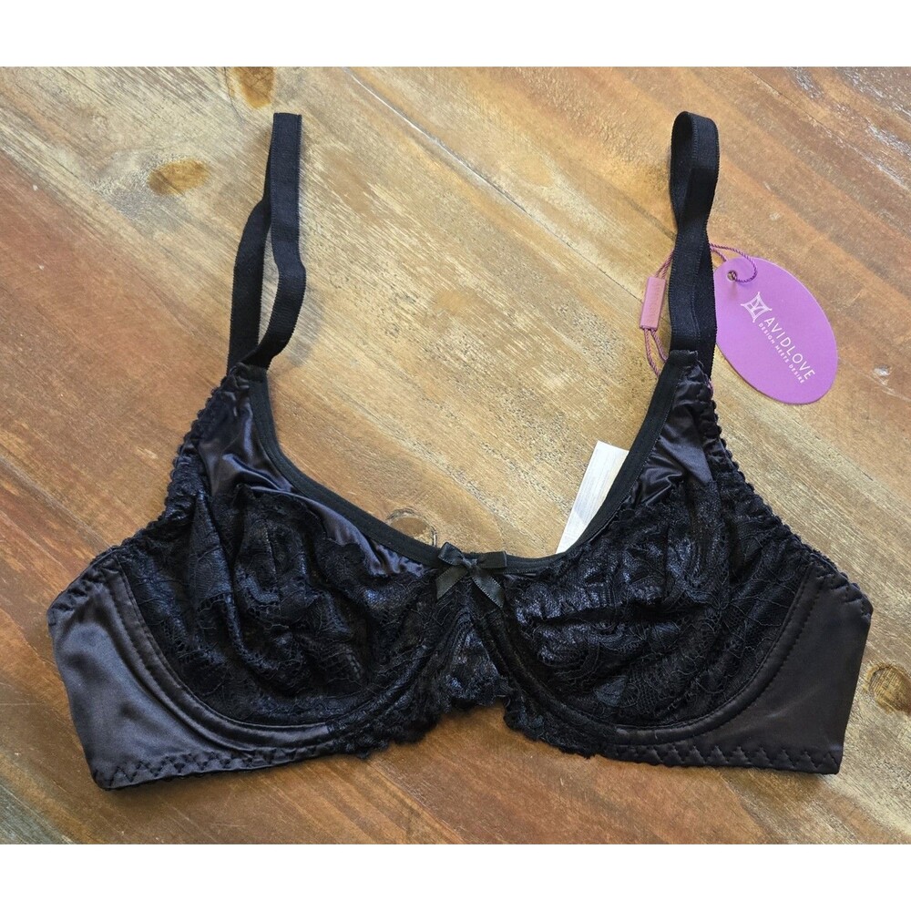 Black Satin Lace Unlined Underwire Bra Small Petite 26.5” Band NWT A B C